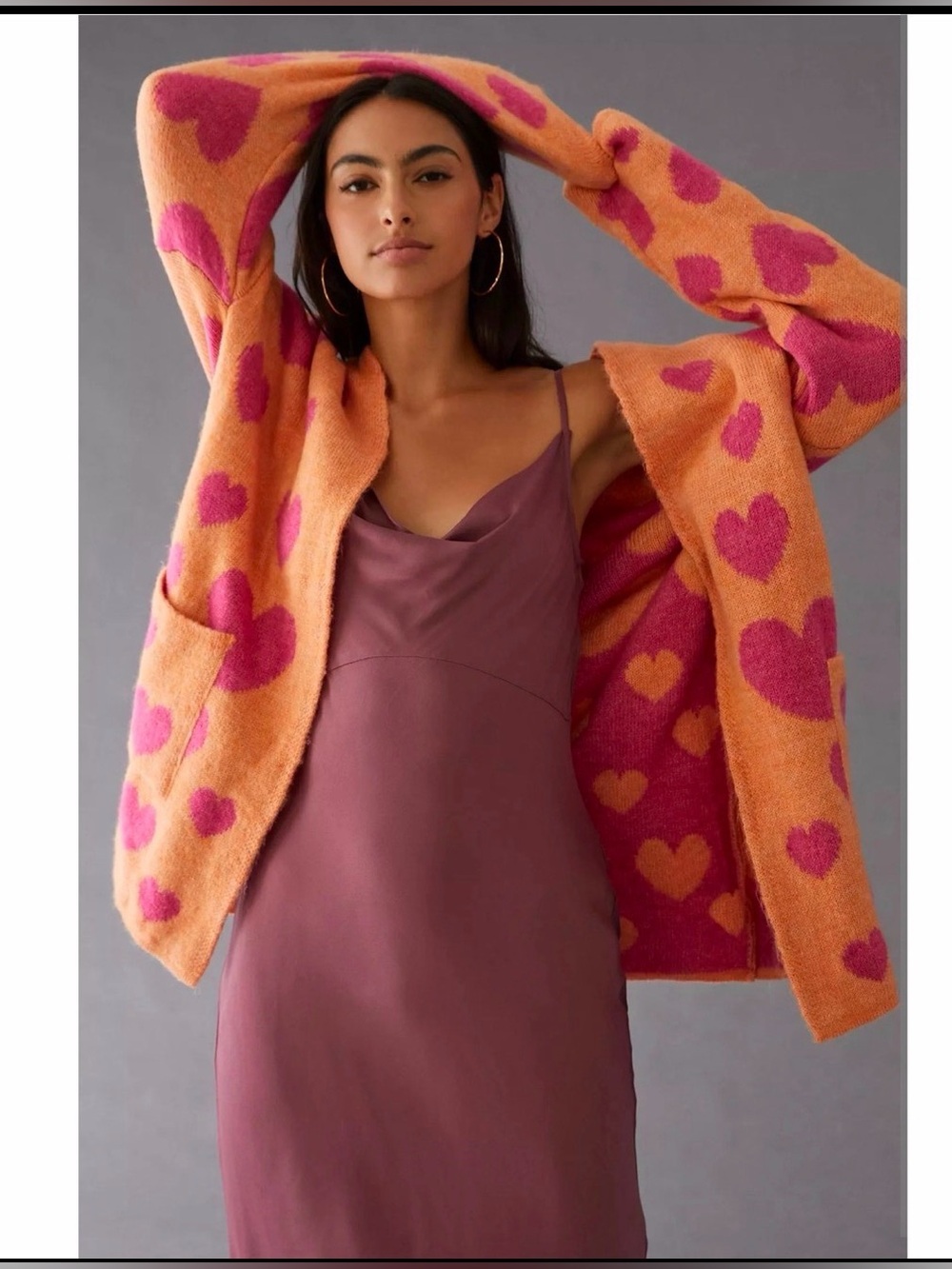 Maeve by Anthropologie Cozy Heart Open Front Cardigan In Orange Motif XS/S